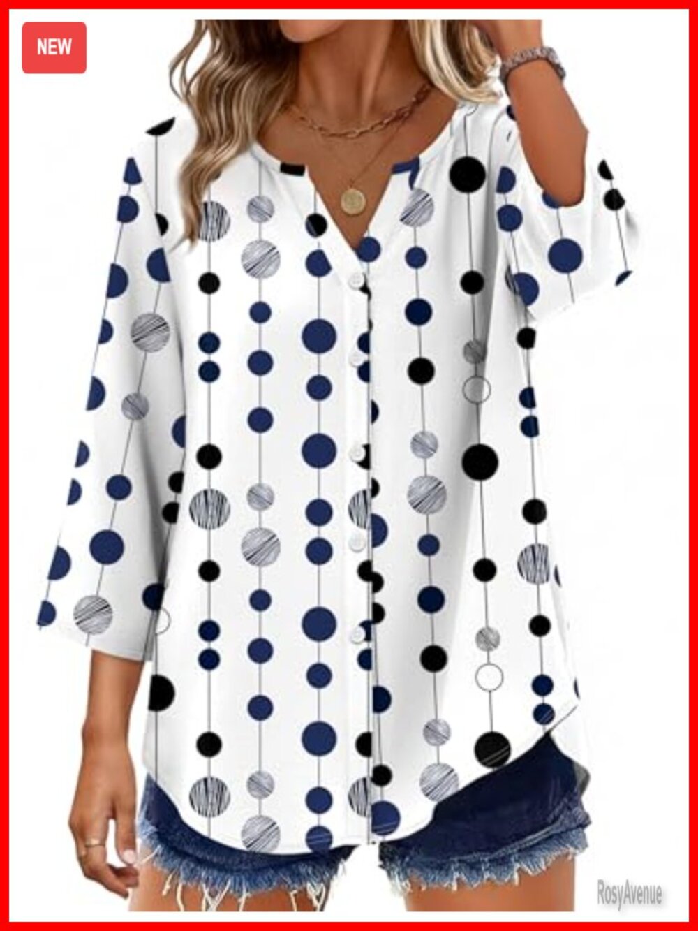 Women's Button-Down 3/4 Sleeve Blouse V-Neck Loose Fit